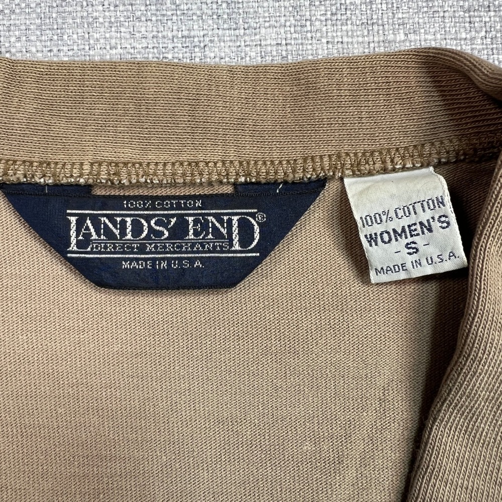 Vintage 90s Lands' End Tan Cotton Cardigan Women Small USA Made Lightweight Knit - Picture 3 of 8